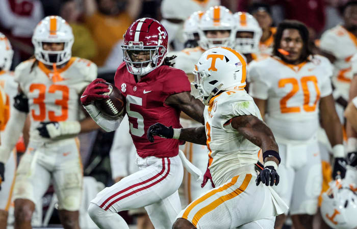 Alabama Crimson Tide defensive back Jalyn Armour-Davis (5) carries the ball after an interception against the Tennessee Volunteers during the second half at Bryant-Denny Stadium.